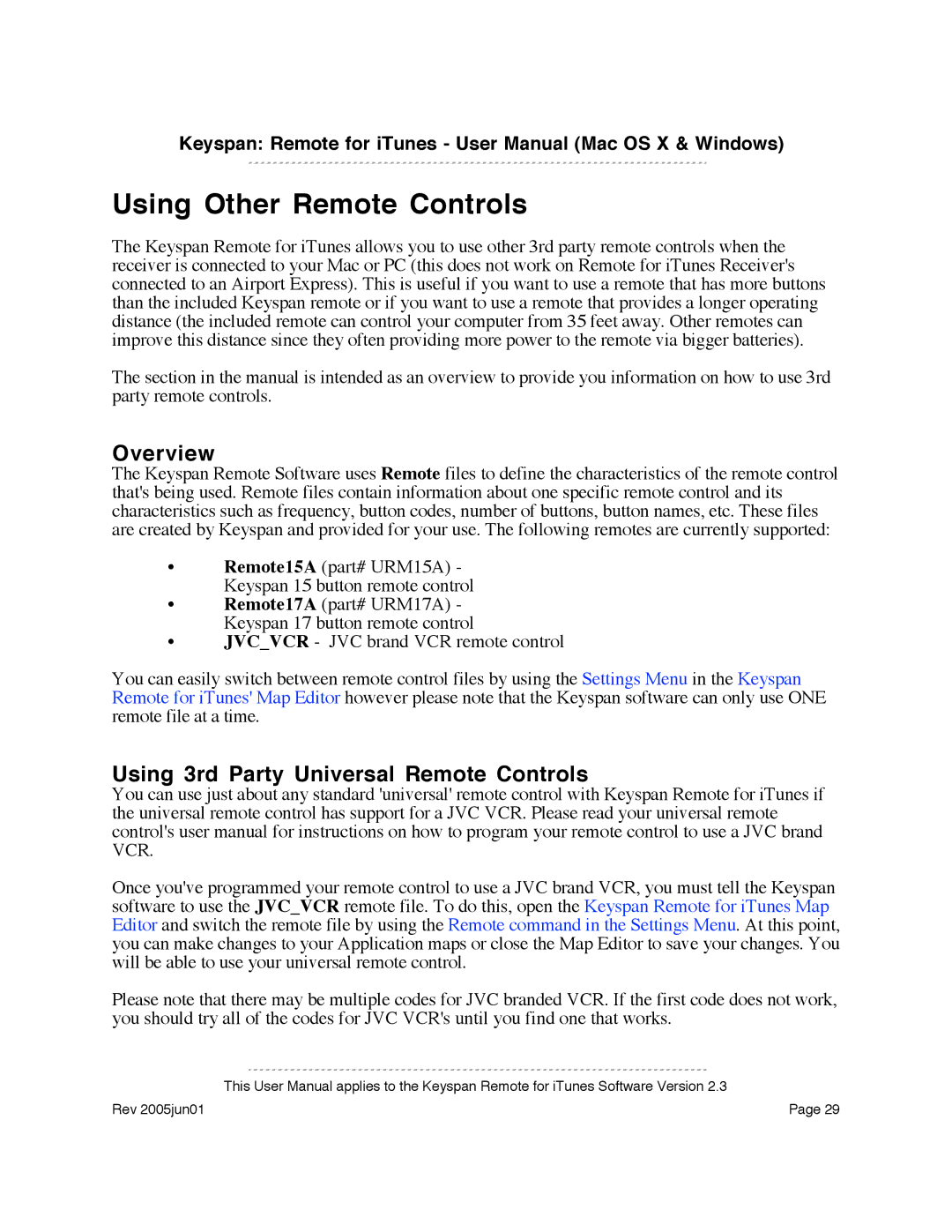 Keyspan URM-17A warranty Using Other Remote Controls, Using 3rd Party Universal Remote Controls 