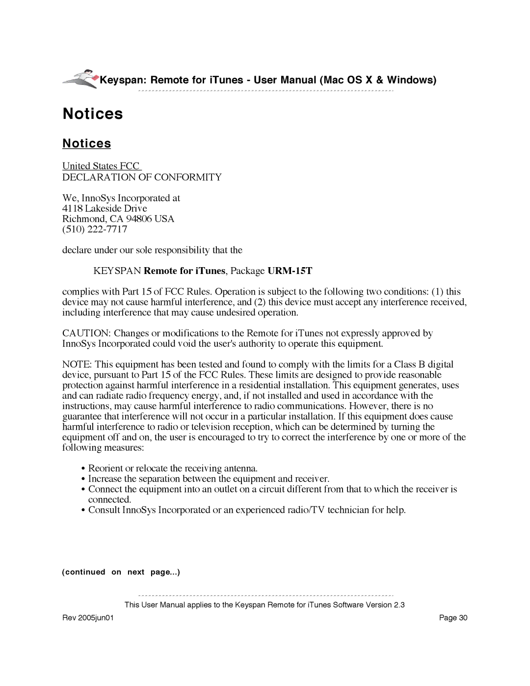 Keyspan URM-17A warranty Declaration of Conformity, Keyspan Remote for iTunes, Package URM-15T 