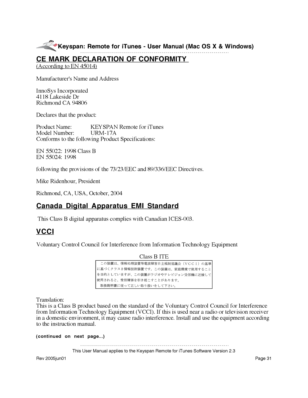 Keyspan URM-17A warranty CE Mark Declaration of Conformity, Canada Digital Apparatus EMI Standard 