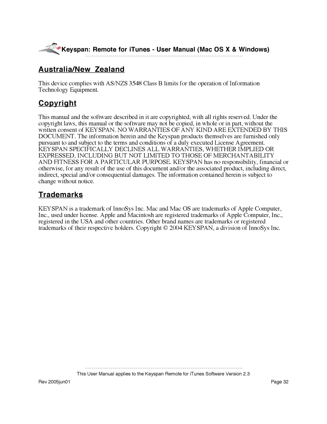 Keyspan URM-17A warranty Australia/New Zealand, Copyright, Trademarks 