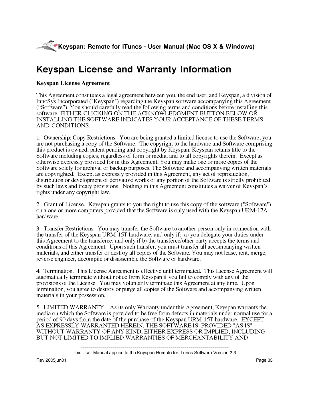 Keyspan URM-17A warranty Keyspan License and Warranty Information, Keyspan License Agreement 