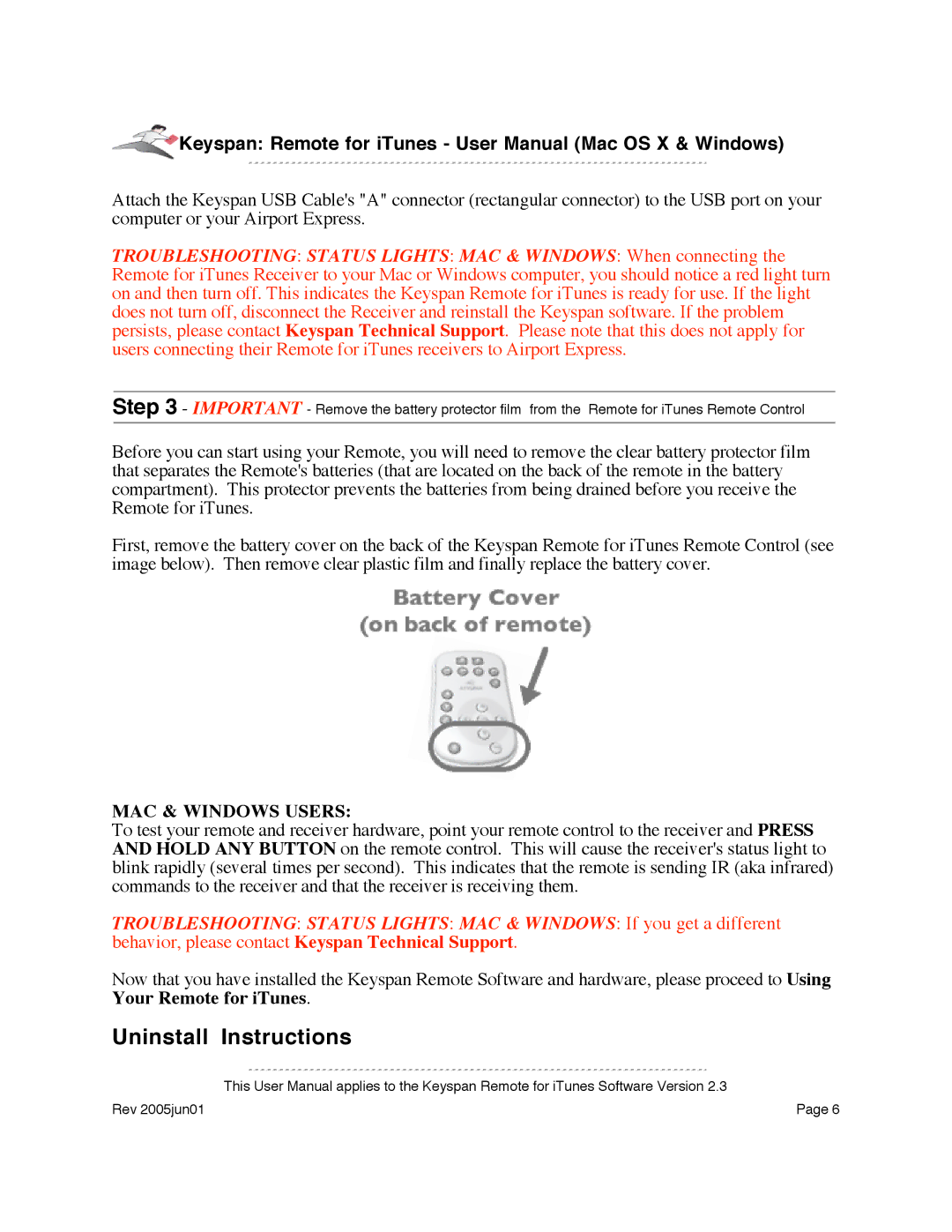 Keyspan URM-17A warranty Uninstall Instructions, MAC & Windows Users 