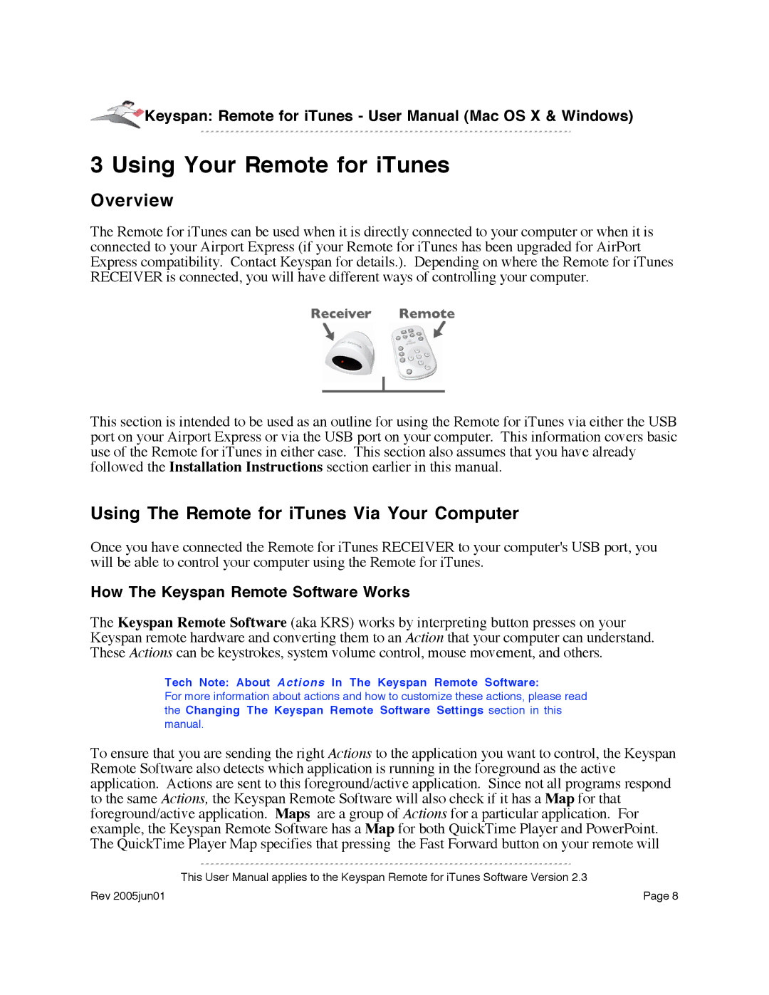 Keyspan URM-17A warranty Using Your Remote for iTunes, Using The Remote for iTunes Via Your Computer 