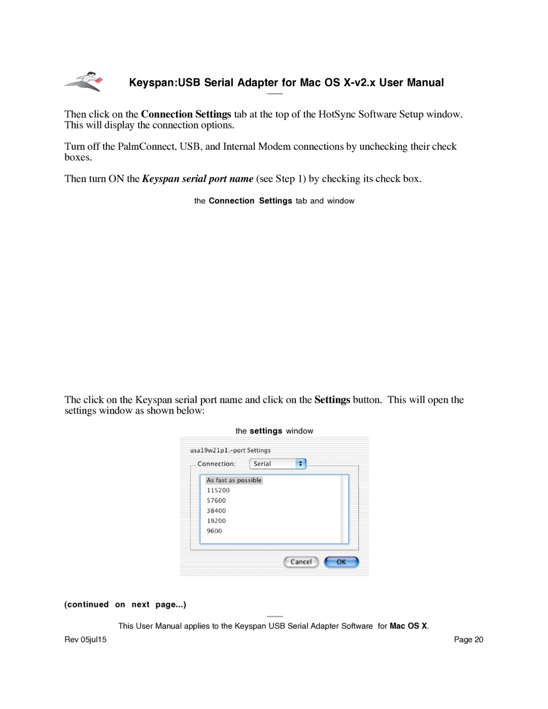 Keyspan USA-19Qi installation instructions Connection Settings tab and window 