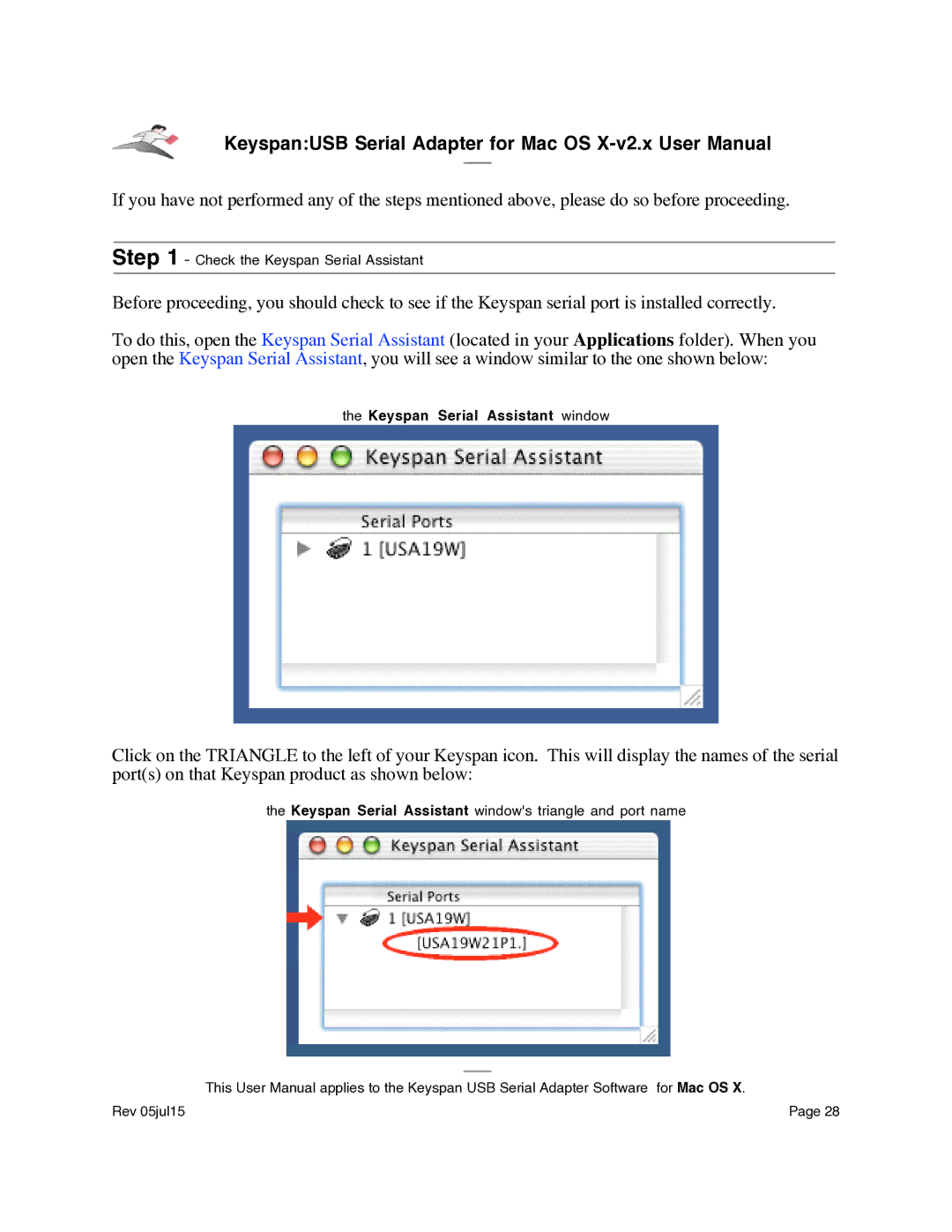 Keyspan USA-19Qi installation instructions Keyspan Serial Assistant window 