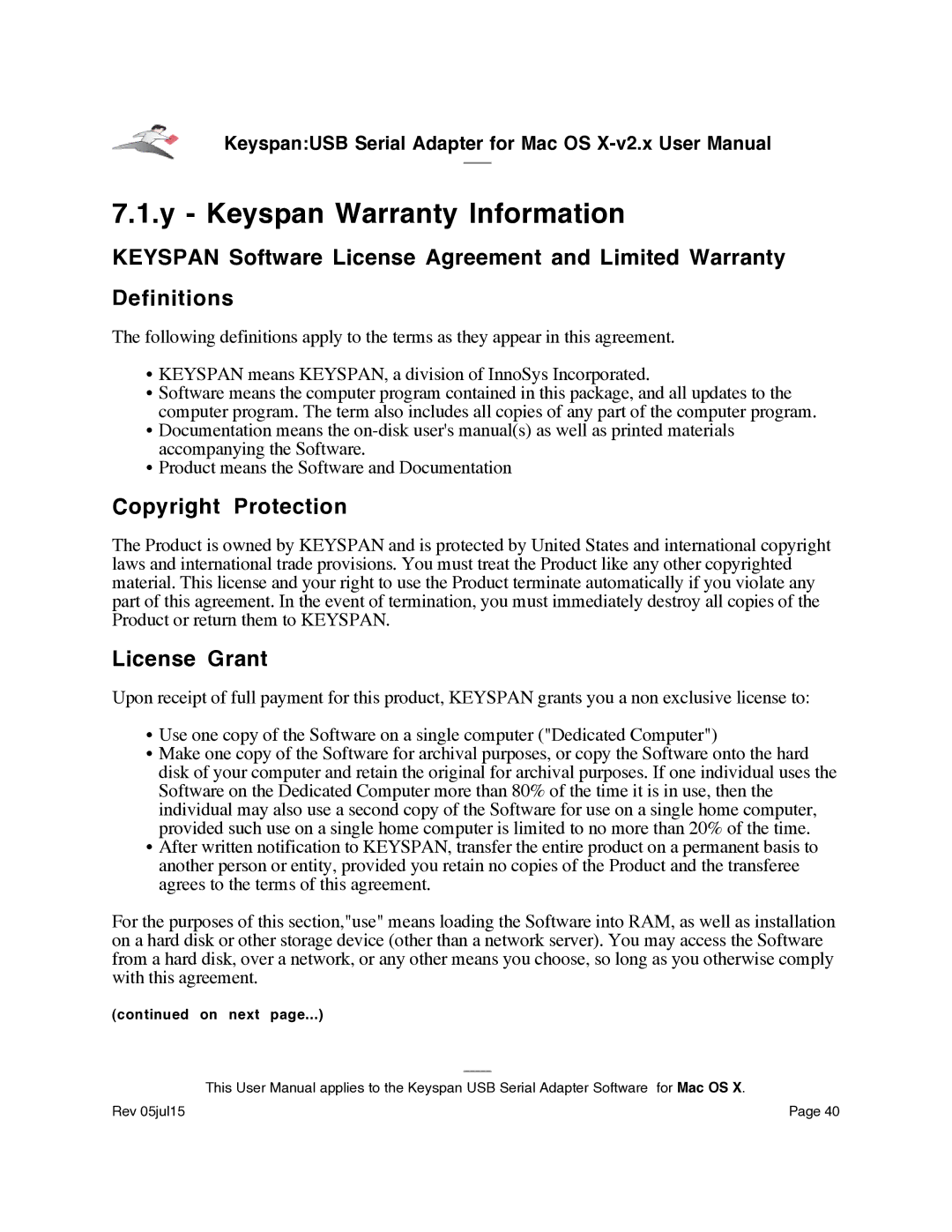 Keyspan USA-19Qi installation instructions Keyspan Warranty Information, Copyright Protection, License Grant 