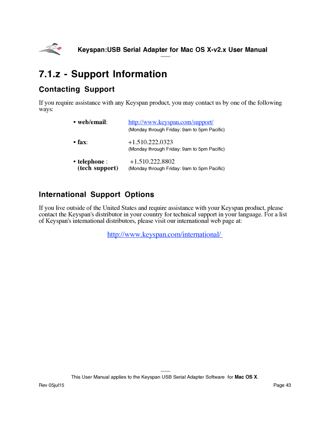 Keyspan USA-19Qi installation instructions Support Information, Contacting Support, International Support Options 