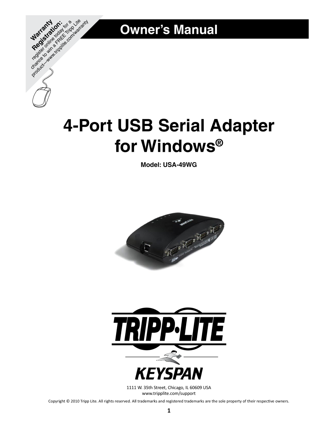 Keyspan USA-49WG owner manual Port USB Serial Adapter For Windows 