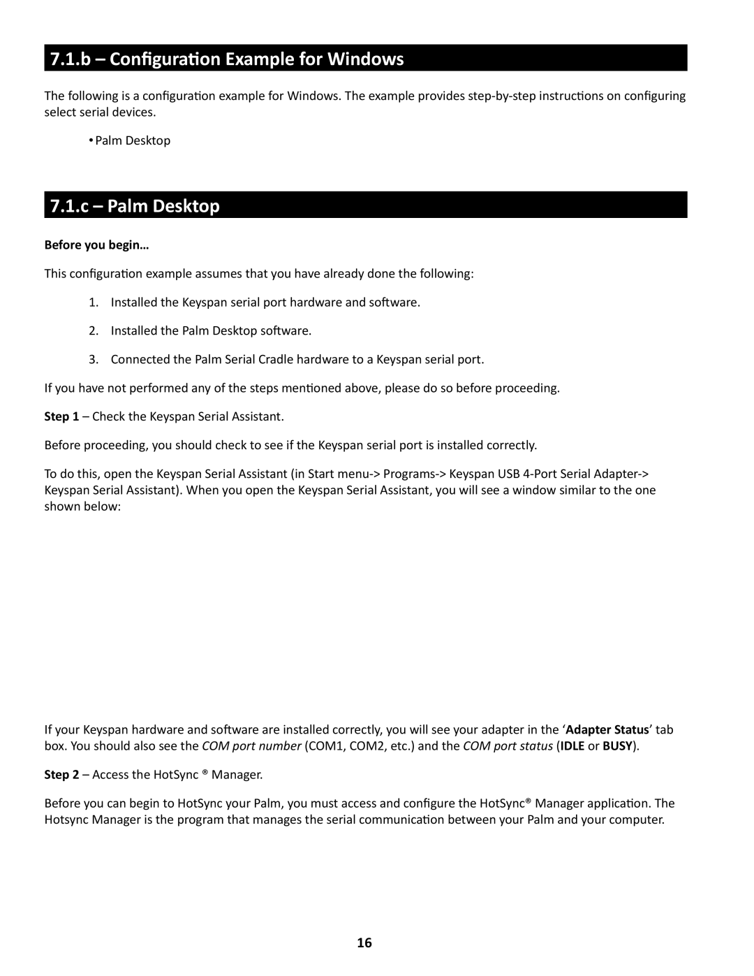 Keyspan USA-49WG owner manual Configuration Example for Windows, Palm Desktop 