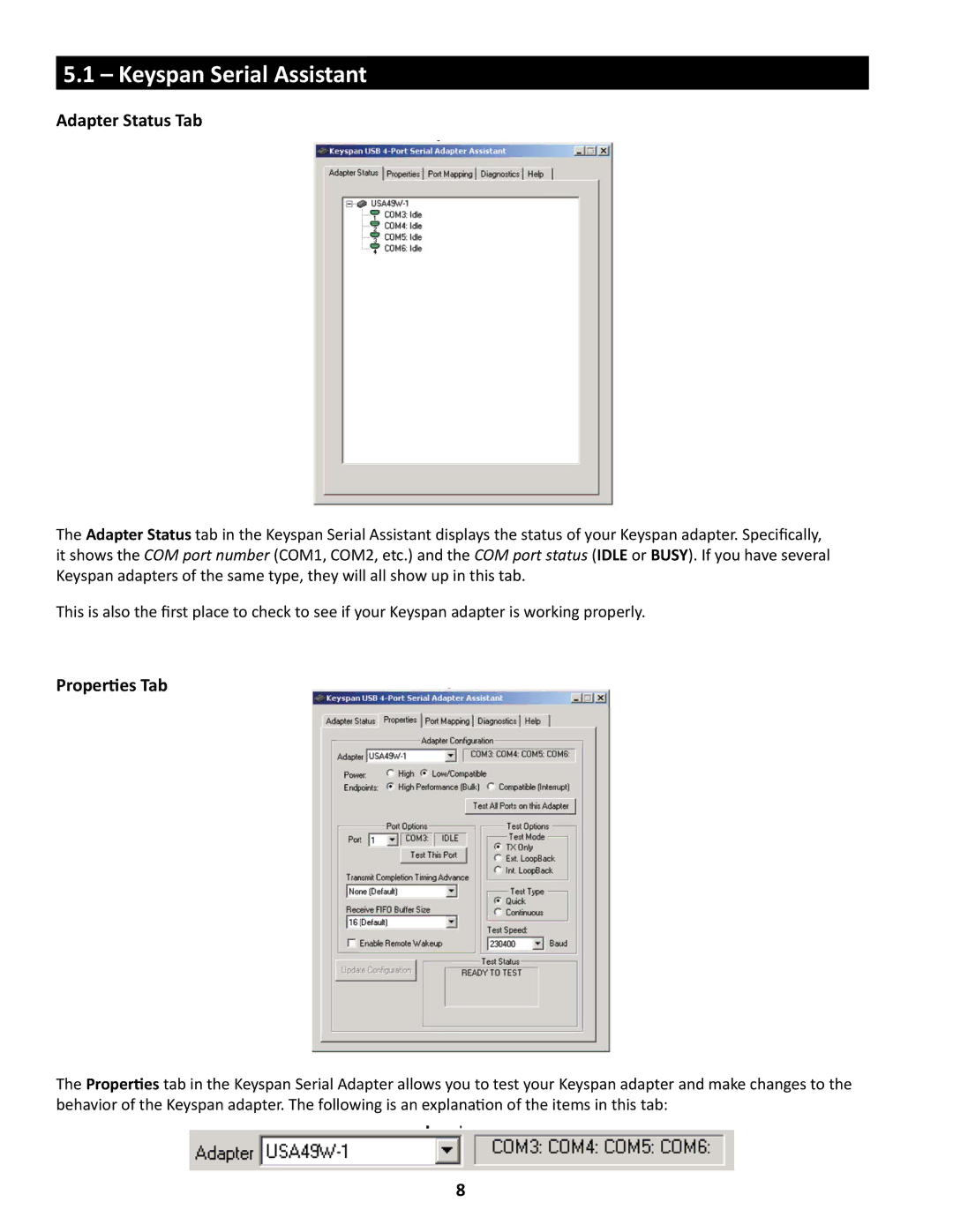 Keyspan USA-49WG owner manual Adapter Status Tab, Properties Tab 