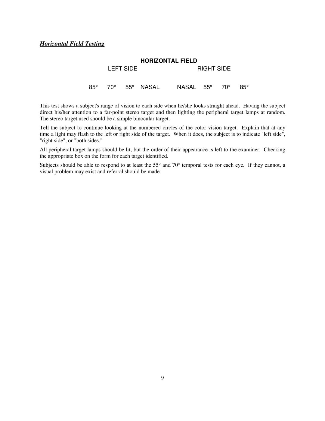 Keystone 1157 instruction manual Horizontal Field Testing, 85 70 55 Nasal, 55 70 