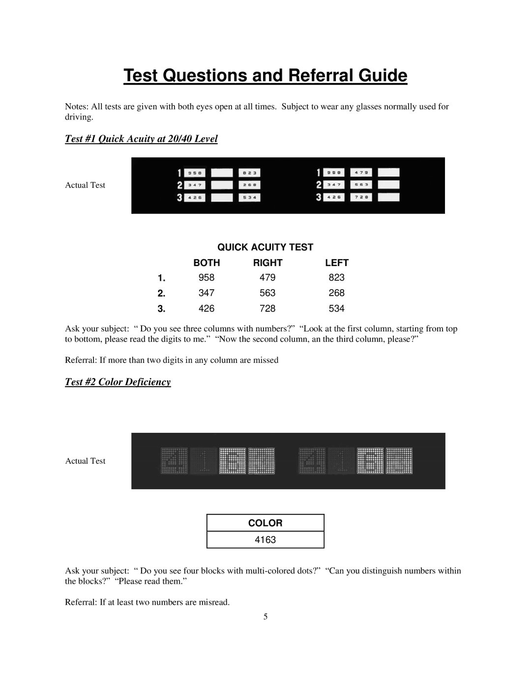 Keystone 1157 Test Questions and Referral Guide, Test #1 Quick Acuity at 20/40 Level, Test #2 Color Deficiency 