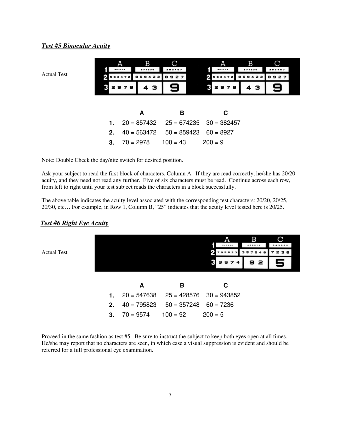 Keystone 1157 instruction manual Test #5 Binocular Acuity, Test #6 Right Eye Acuity, 100 200 