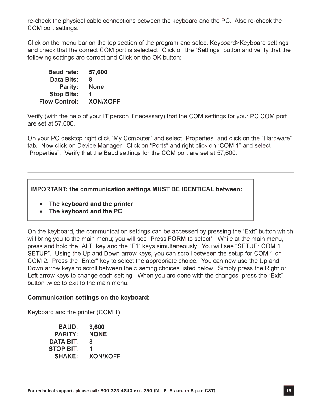 Keystone Computer Keyboard manual Communication settings on the keyboard, Baud 9,600 