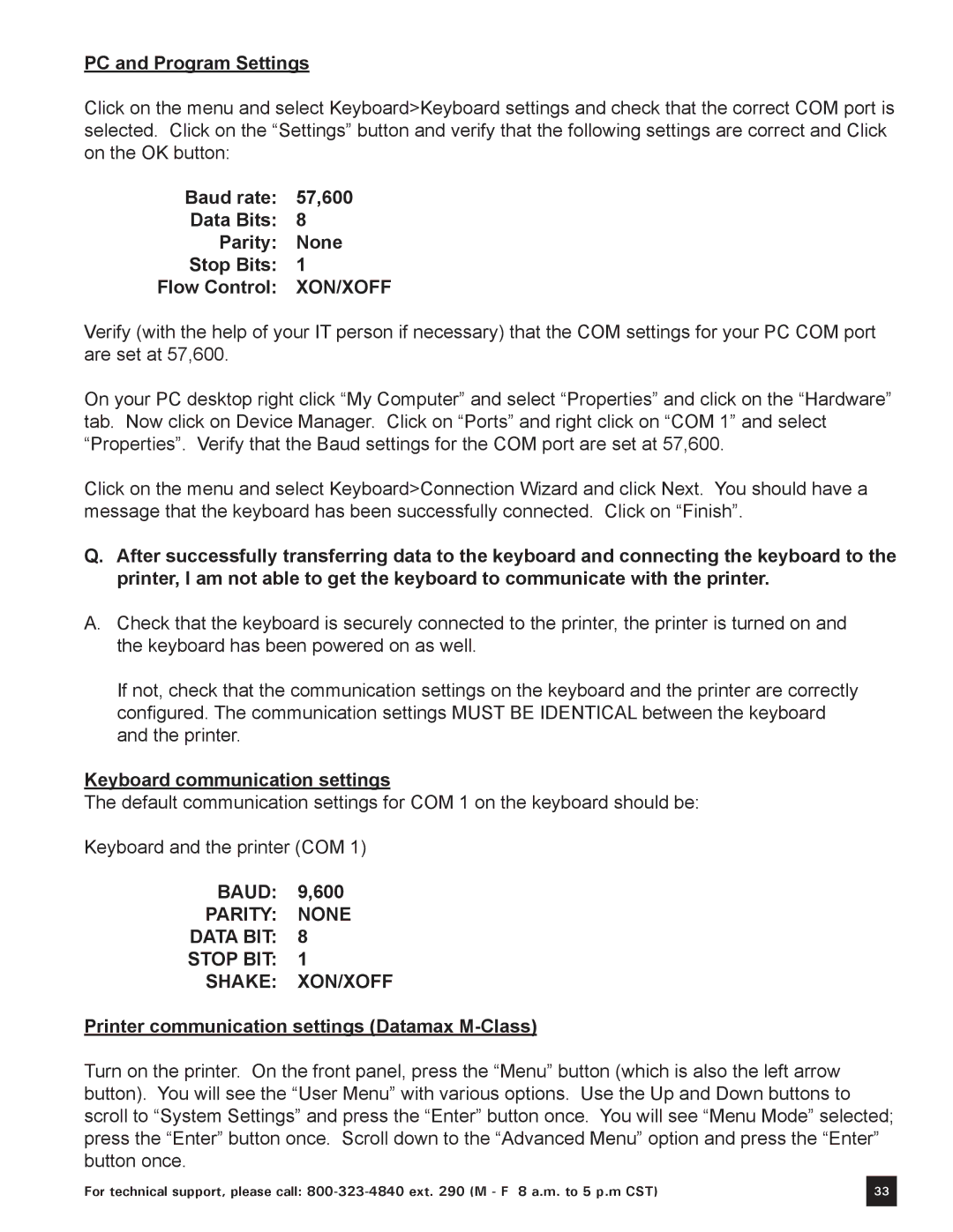 Keystone Computer Keyboard manual PC and Program Settings, BaUD 9,600 Parity None daTA BIT 8 Stop BIT 