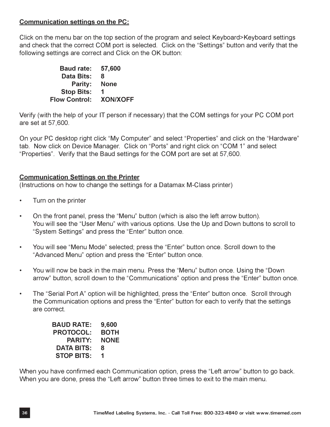 Keystone Computer Keyboard manual Communication settings on the PC, Communication Settings on the Printer 