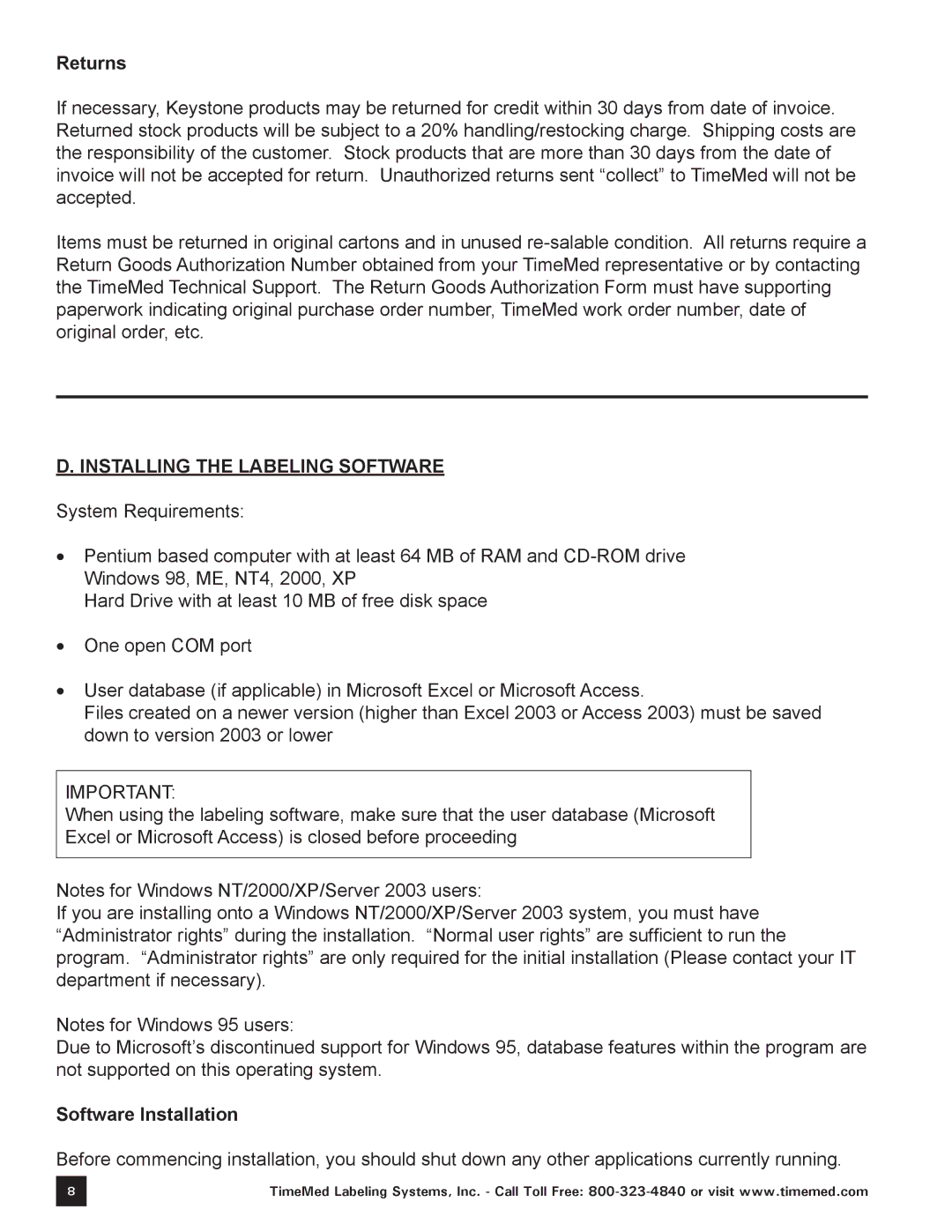 Keystone Computer Keyboard manual Returns, Installing the Labeling Software, Software Installation 