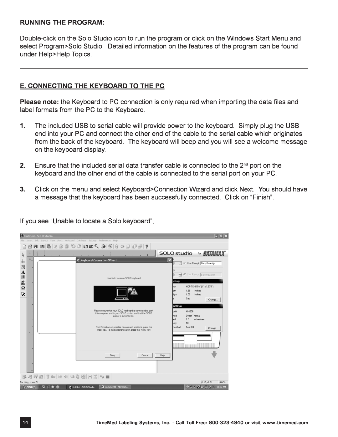 Keystone Computer Keyboard manual Running the program, E. Connecting the keyboard to the PC 