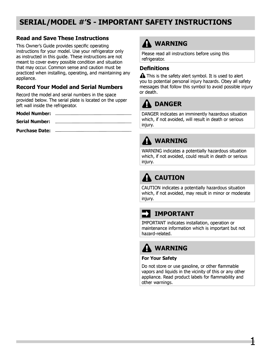 Keystone KSTRC312AW Serial/Model #’S - Important Safety Instructions, Danger, Read and Save These Instructions, Deﬁnitions 