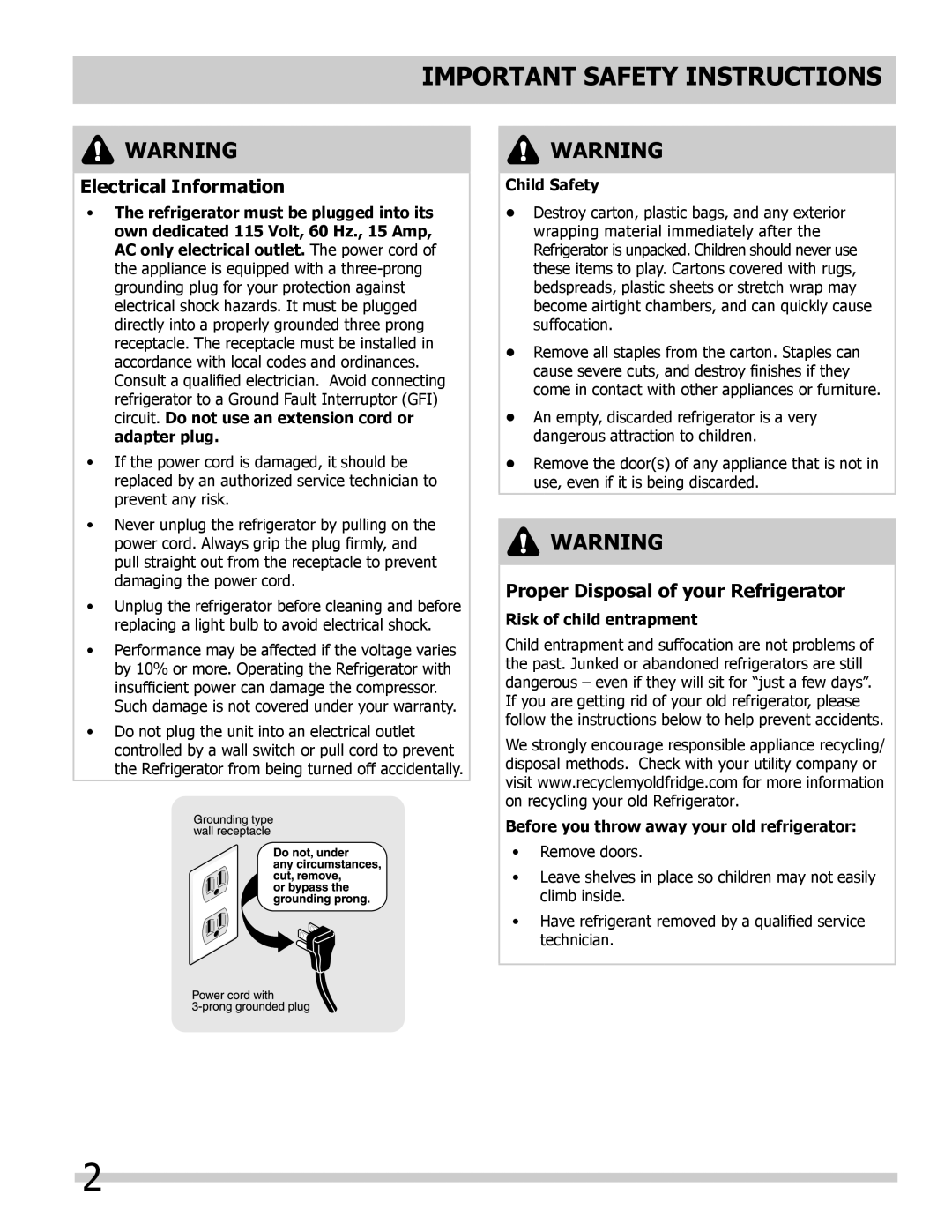 Keystone KSTRC312AW user manual Important Safety Instructions, Electrical Information, Proper Disposal of your Refrigerator 
