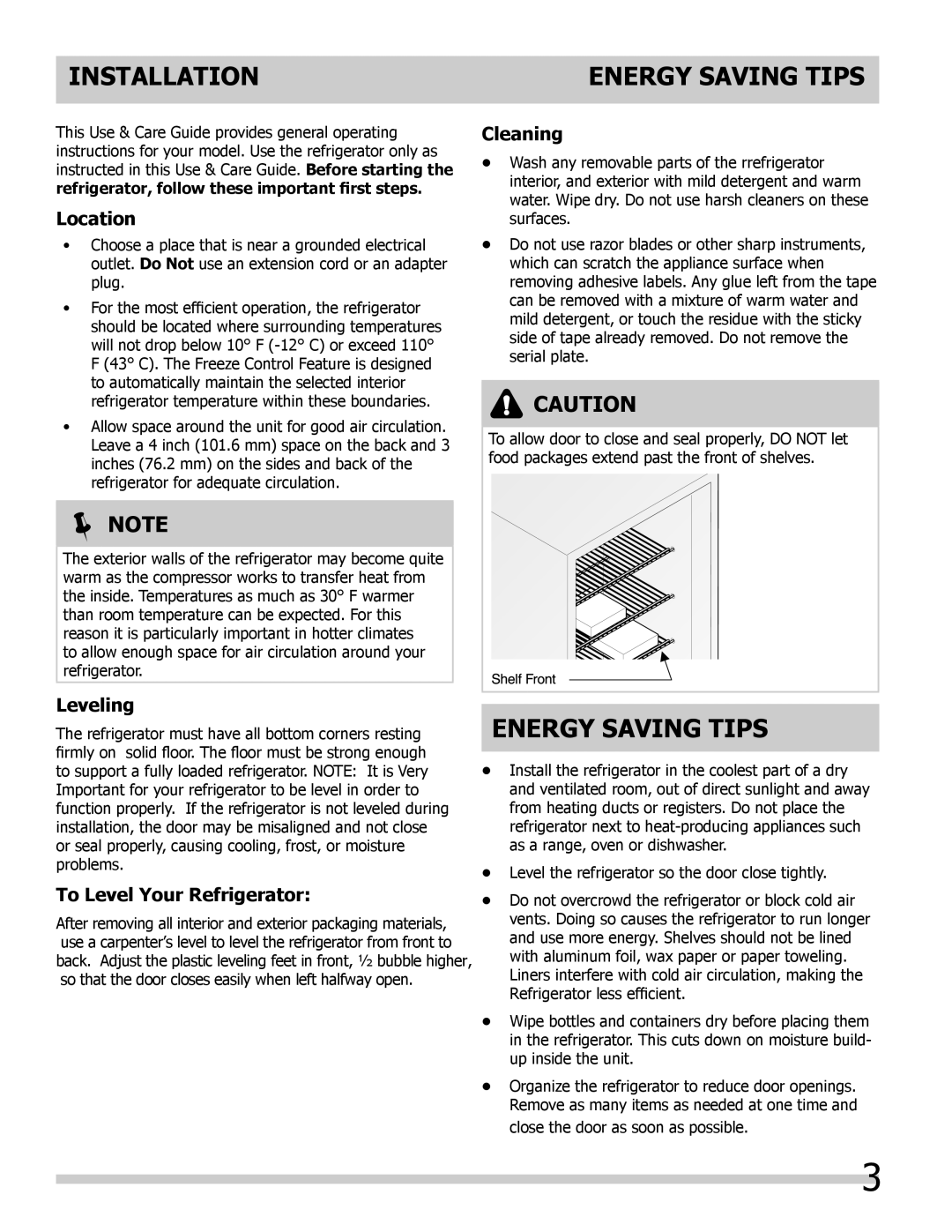 Keystone KSTRC312AW Installation, Energy Saving Tips,  Note, Location, Leveling, To Level Your Refrigerator, Cleaning 