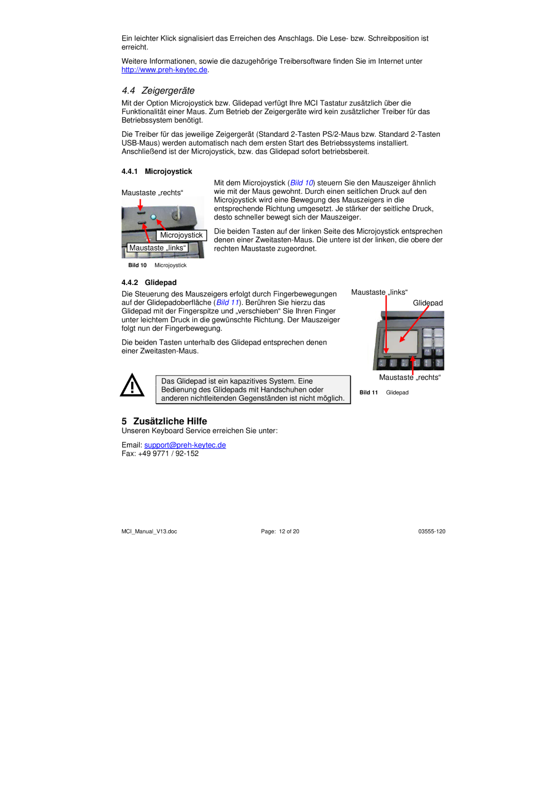 Keytec MCI operating instructions Zeigergeräte, Zusätzliche Hilfe, Microjoystick 