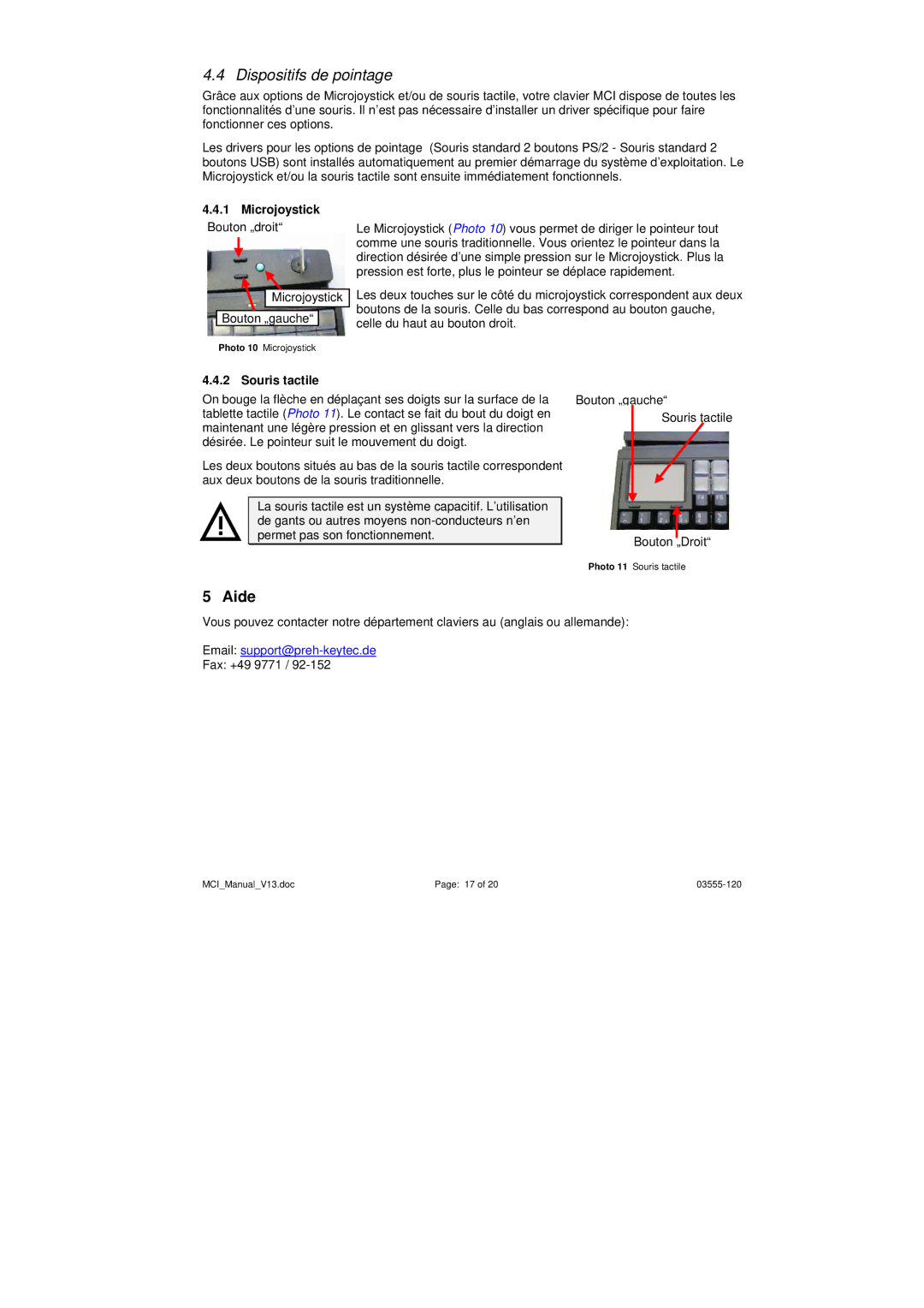 Keytec MCI operating instructions Dispositifs de pointage, Aide, Souris tactile 