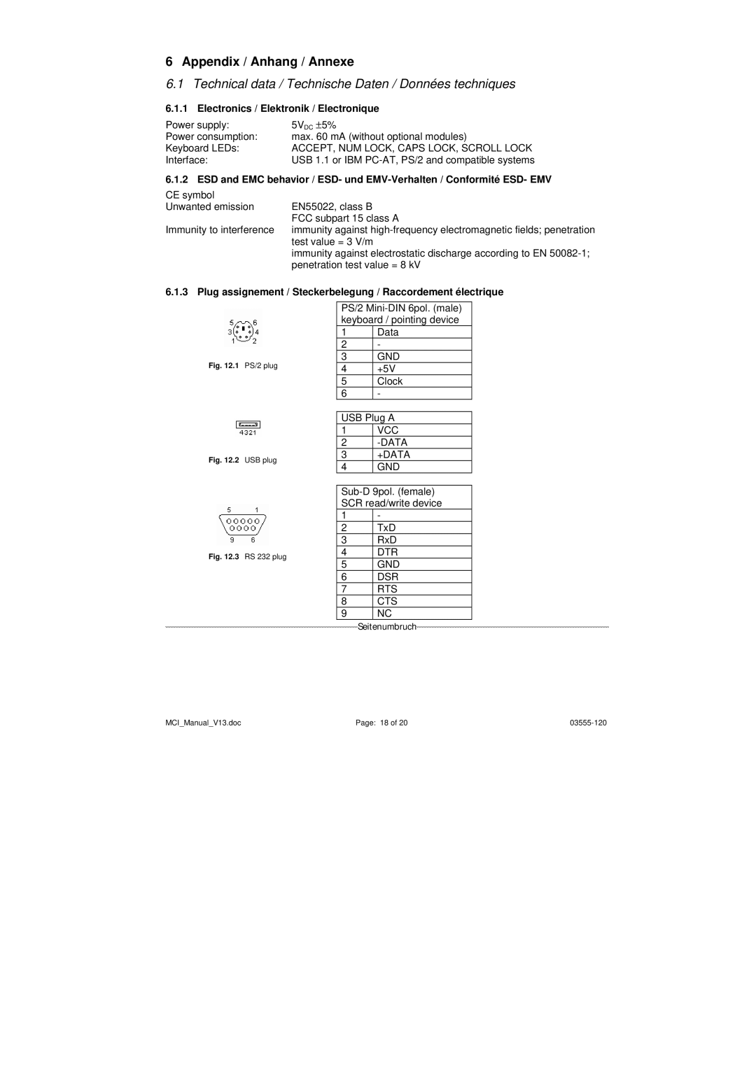 Keytec MCI operating instructions Appendix / Anhang / Annexe, Technical data / Technische Daten / Données techniques 