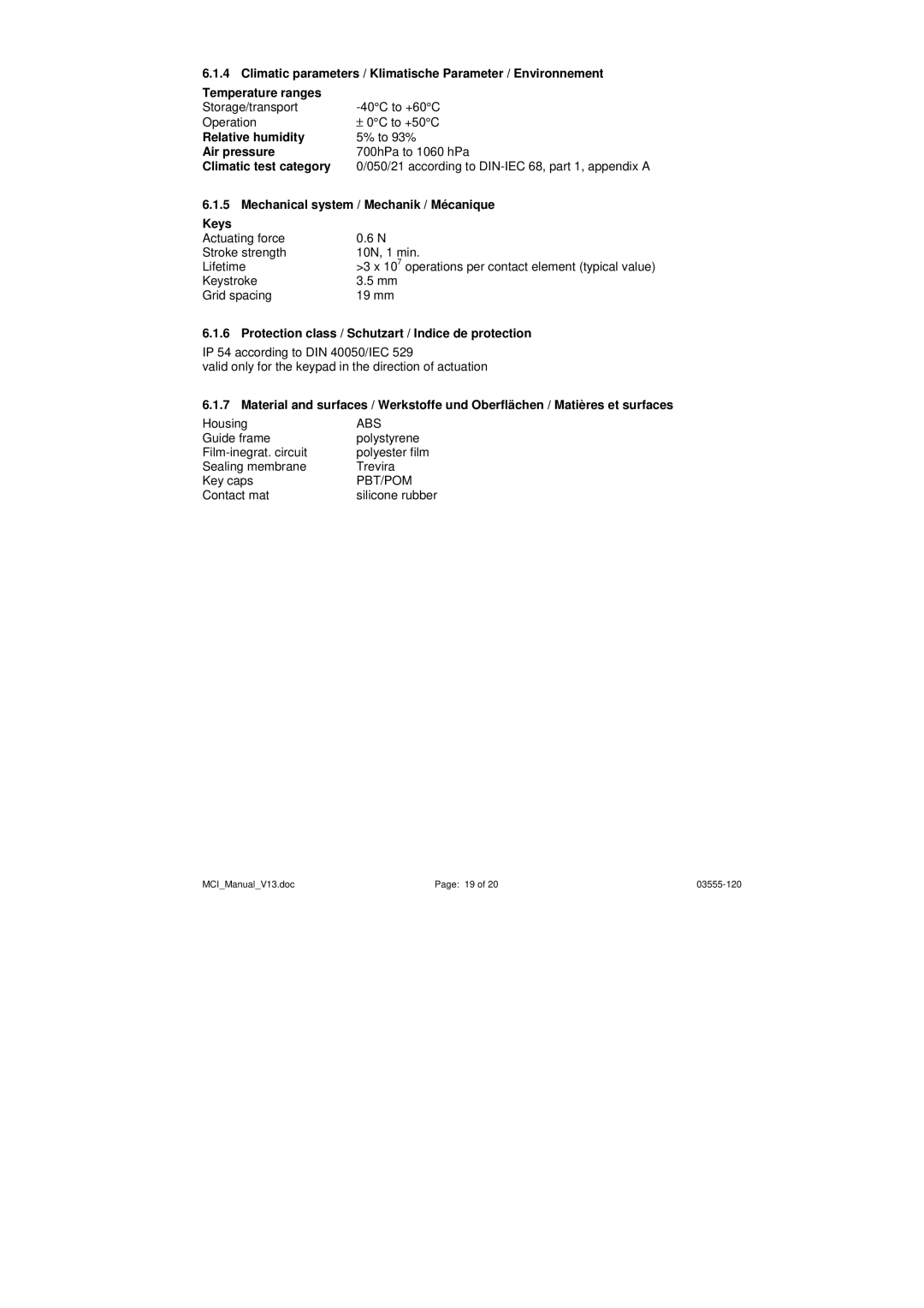 Keytec MCI Relative humidity, Air pressure, Climatic test category, Mechanical system / Mechanik / Mécanique, Keys 