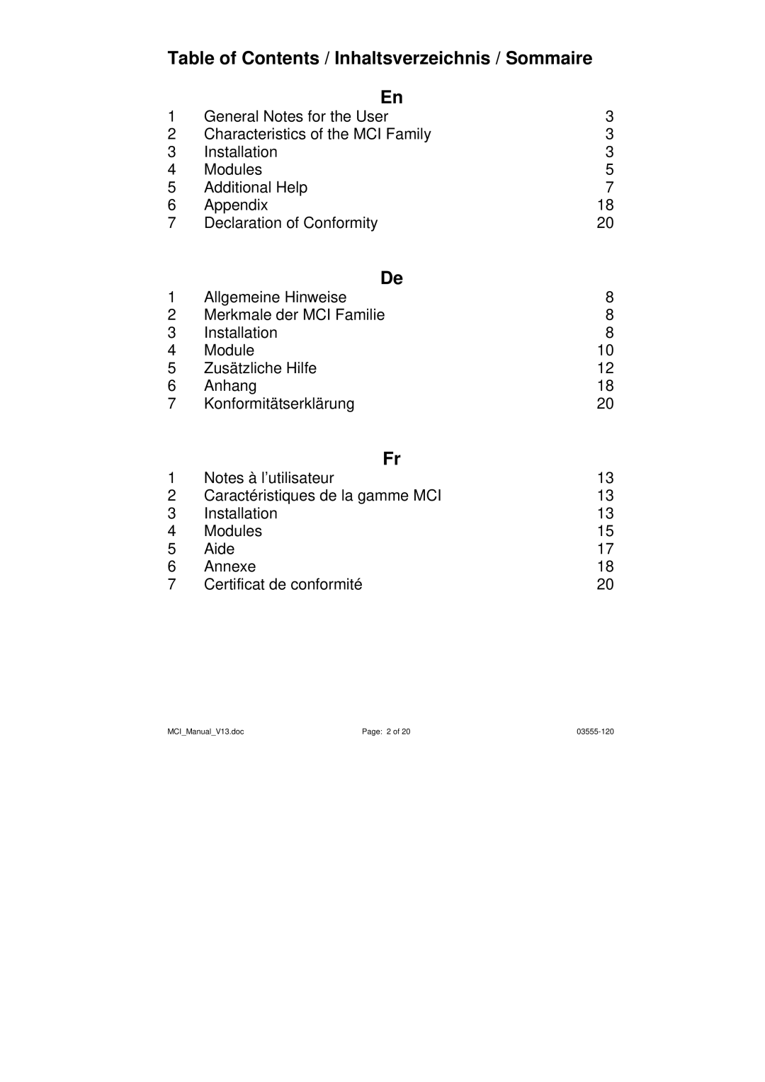 Keytec MCI operating instructions Table of Contents / Inhaltsverzeichnis / Sommaire 