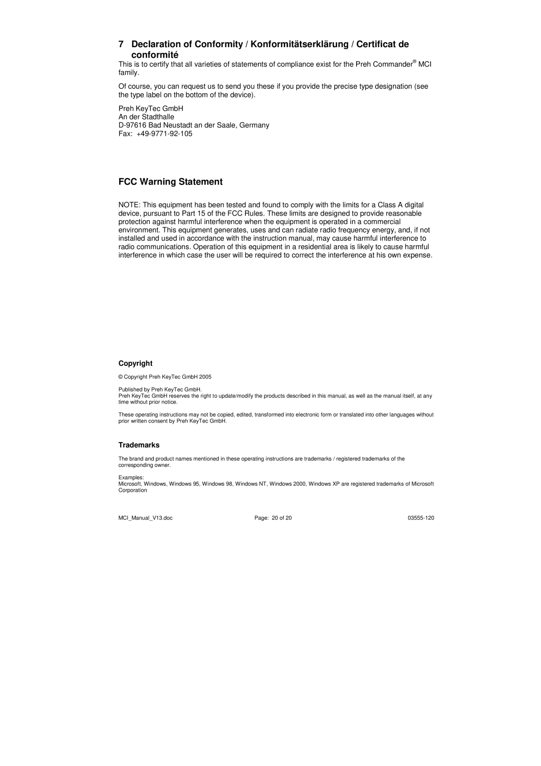 Keytec MCI operating instructions FCC Warning Statement, Copyright, Trademarks 