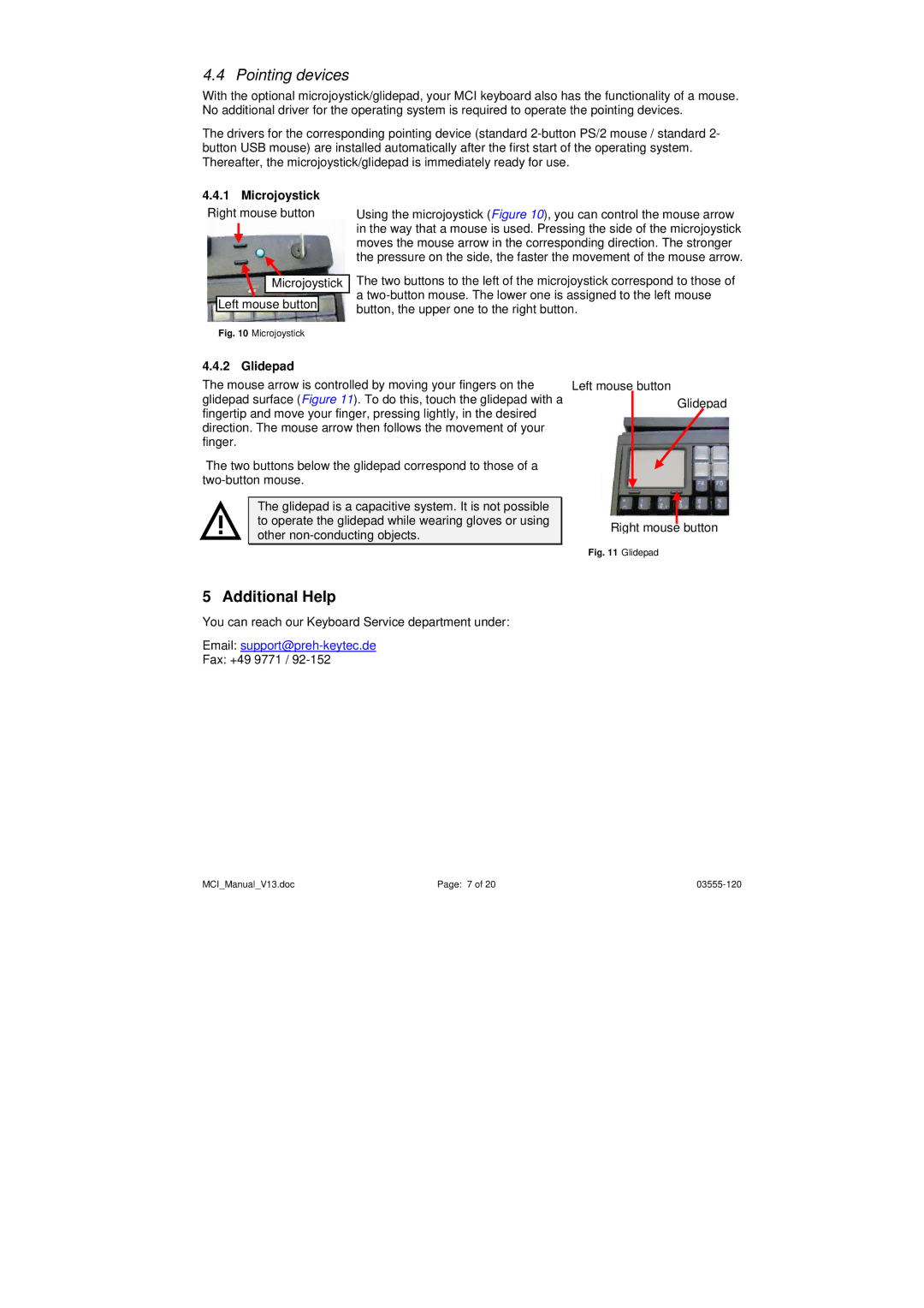 Keytec MCI operating instructions Pointing devices, Additional Help, Glidepad 