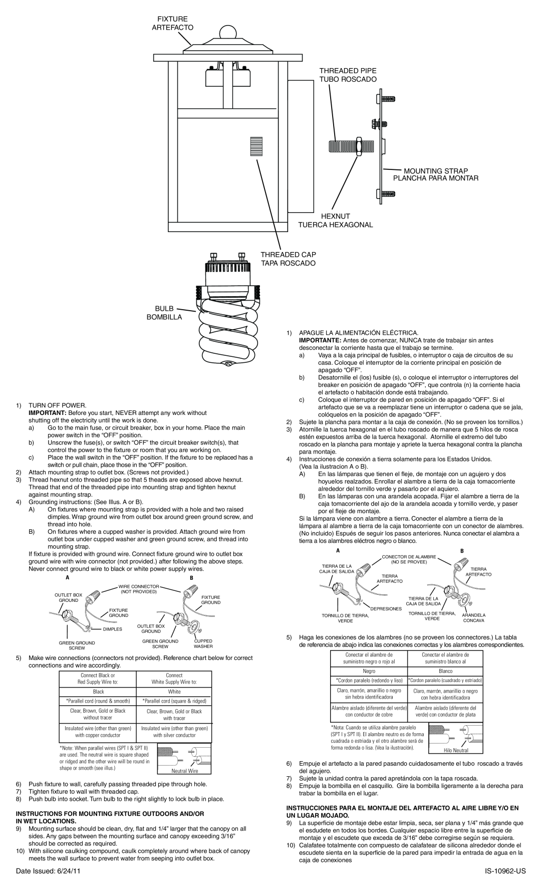 Kichler Lighting 10962CV manual Fixture, Artefacto, threaded pipe tubo roscado hexnut tuerca hexagonal, Bulb bombilla 