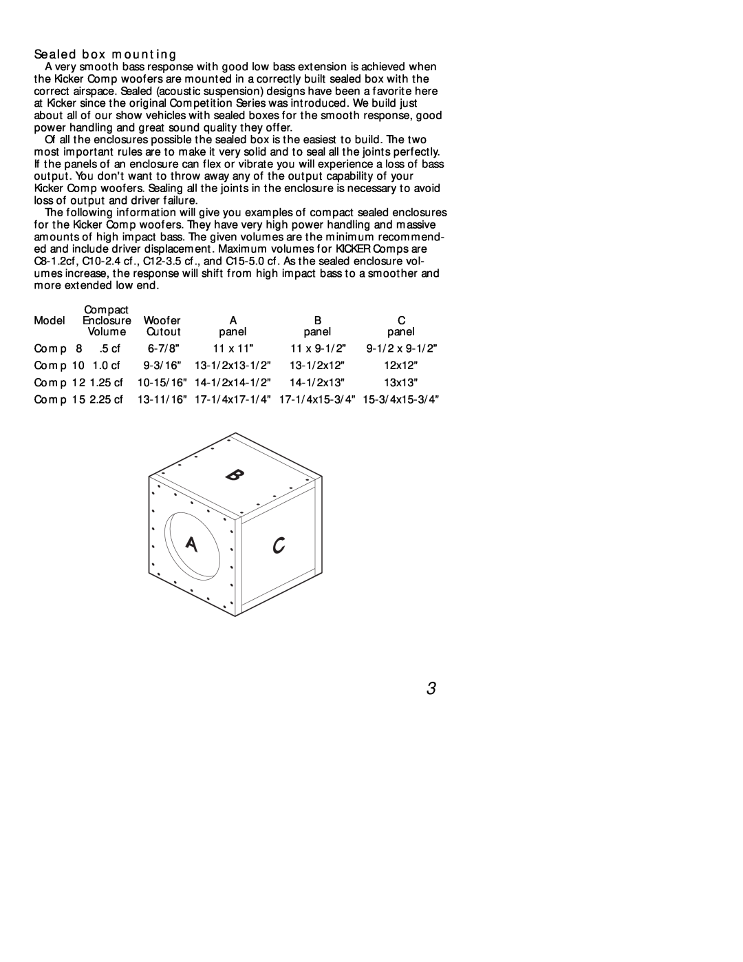 Kicker 10TC104 manual Sealed box mounting, Comp 8 .5 cf, Comp 10 1.0 cf, Comp 12 1.25 cf, Comp 15 2.25 cf 