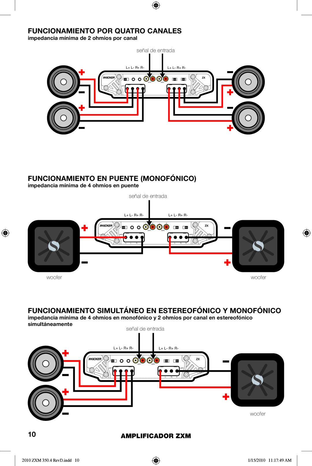 Kicker 10ZXM3504 manual Funcionamiento POR Quatro Canales, Funcionamiento EN Puente Monofónico 