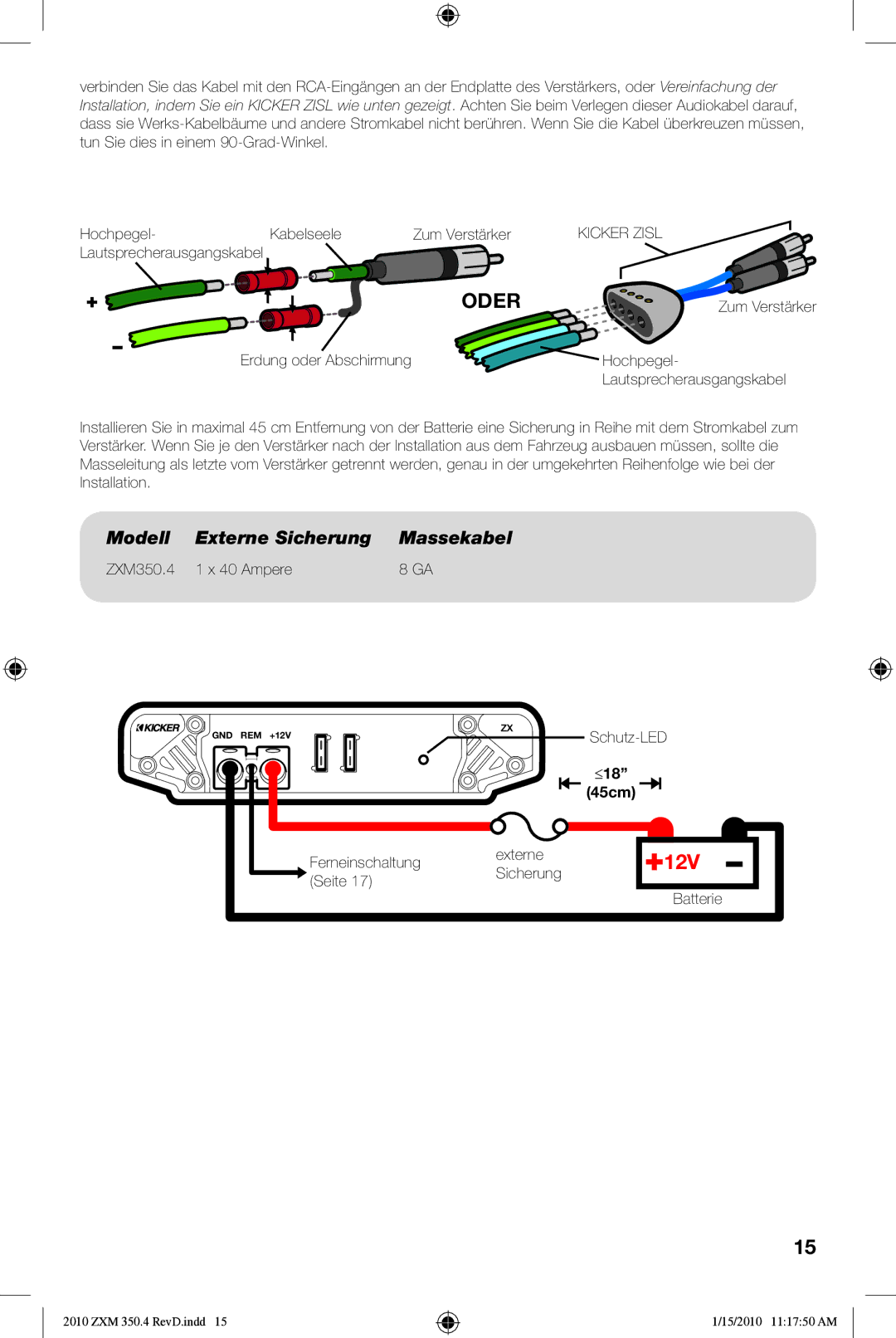 Kicker 10ZXM3504 manual Oder, Modell Externe Sicherung Massekabel, ≤18 