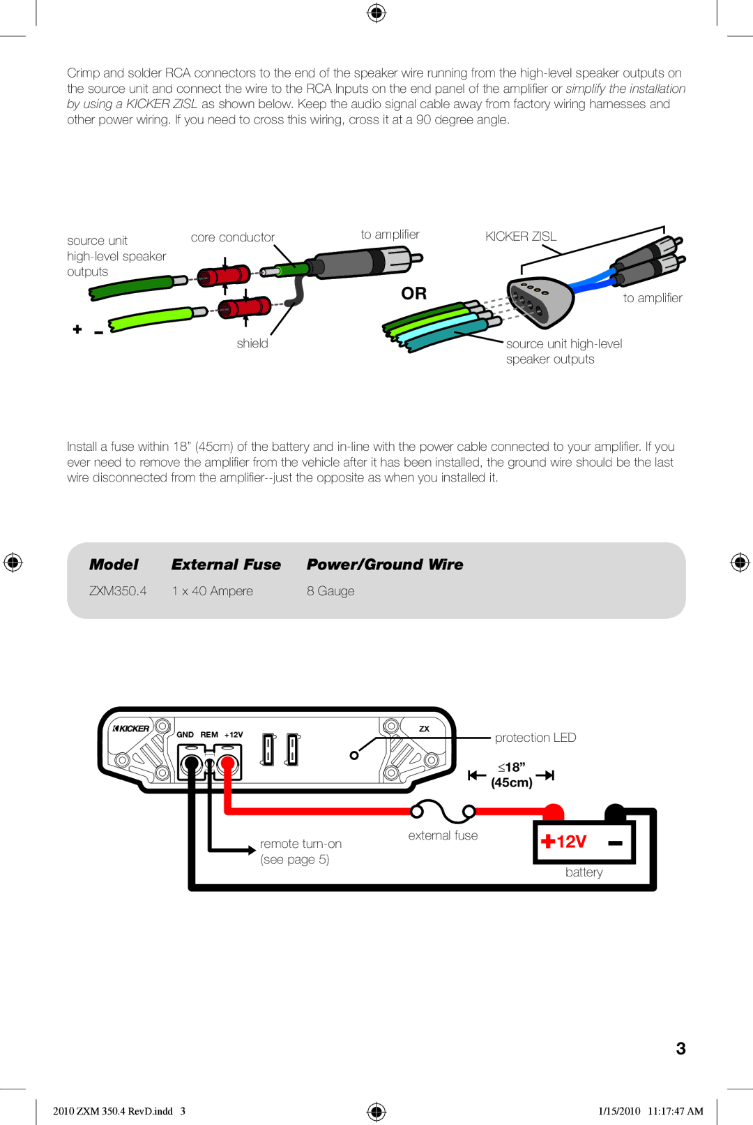 Kicker 10ZXM3504 manual Model External Fuse Power/Ground Wire, Protection LED 