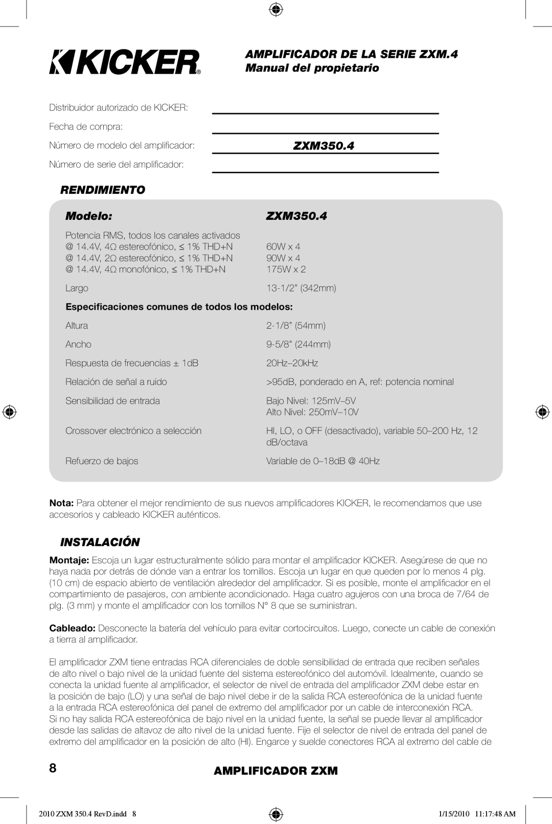 Kicker 10ZXM3504 manual Amplificador DE LA Serie ZXM.4, Manual del propietario, Rendimiento, Modelo ZXM350.4, Instalación 