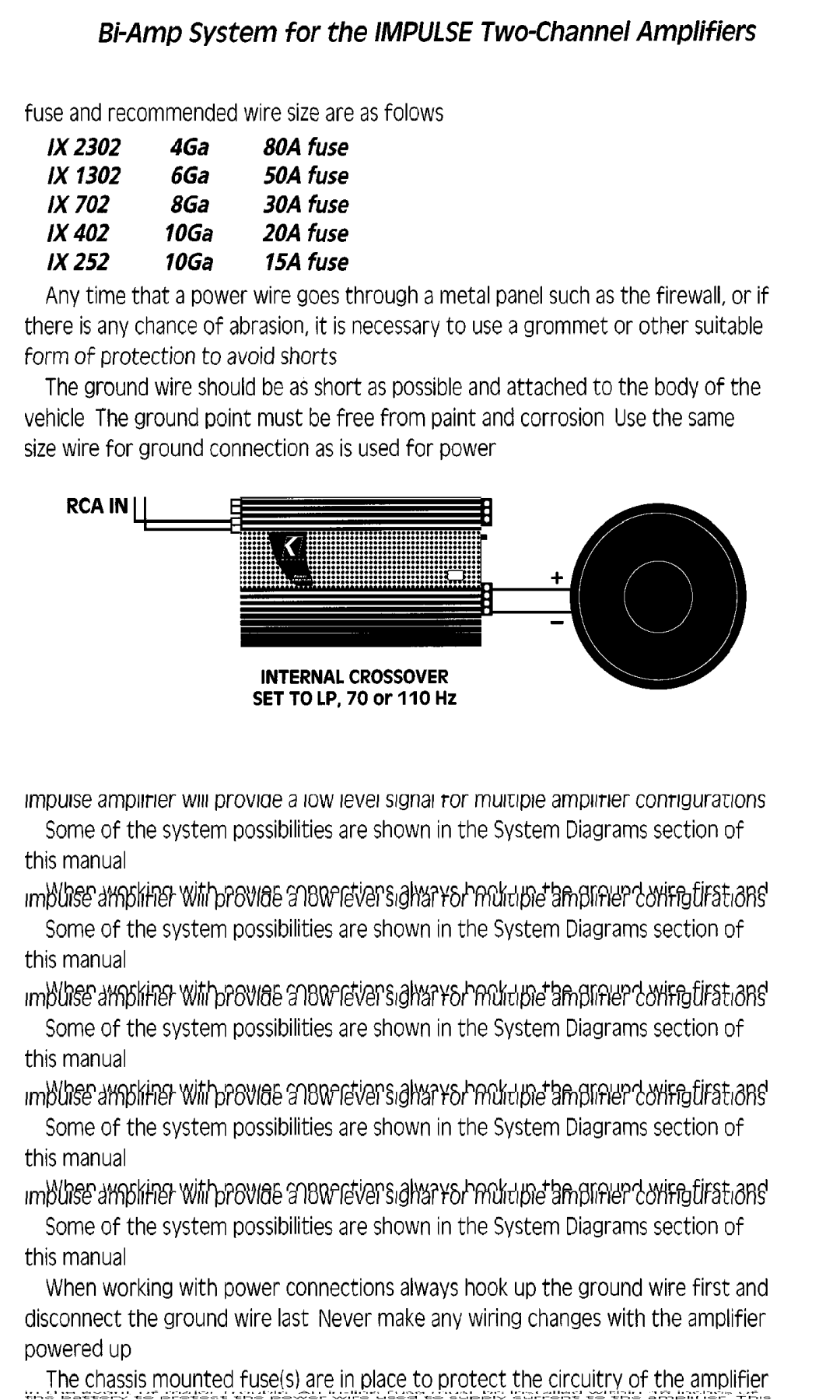 Kicker 1X702, 1X402, IX2302, 1X1302, 1X252 manual Bi-Amp System for the IMPULSETwo-Channel Amplifiers 