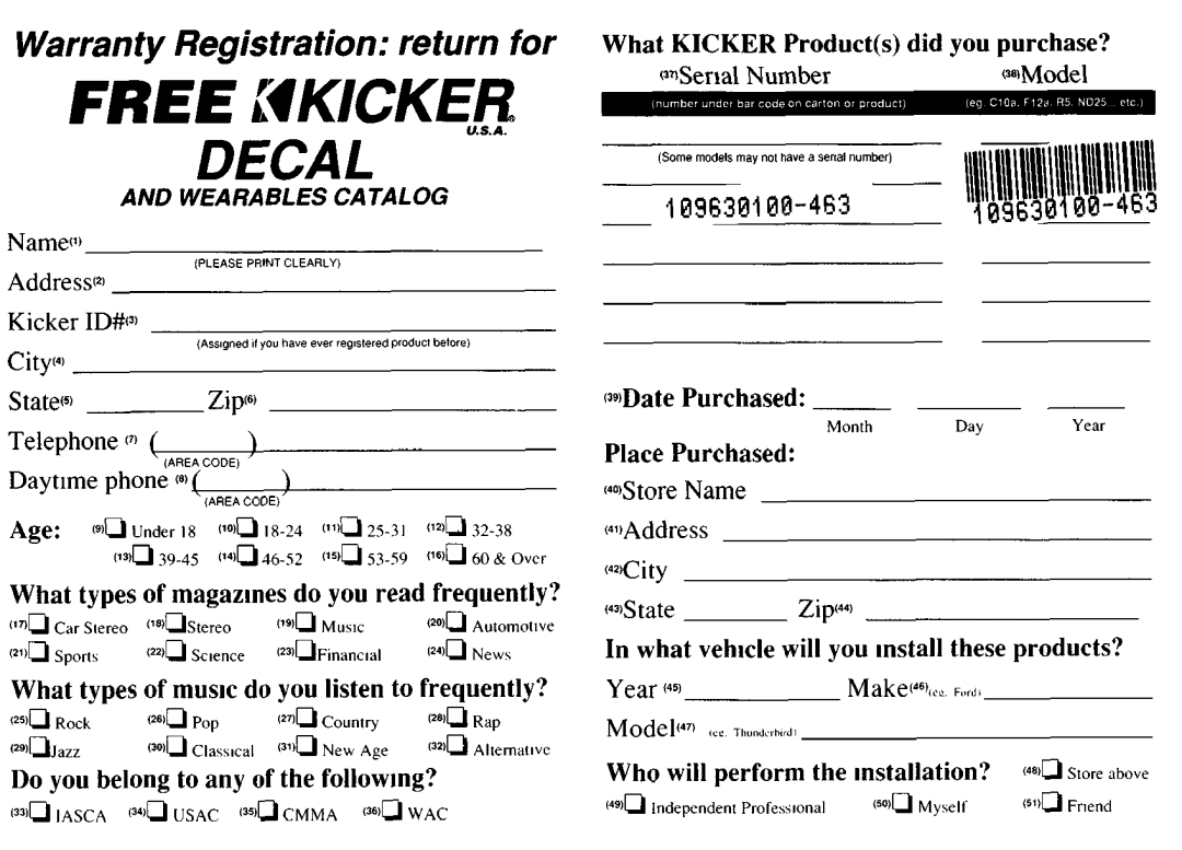 Kicker 1X402, IX2302, 1X1302, 1X252, 1X702 manual Free Mkicker “.S.A, Decal, Warranty Registration return for 