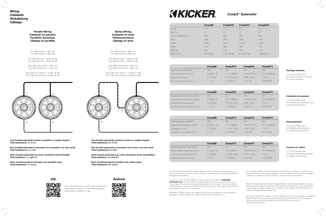 Kicker 40CWS104 warranty Wiring Cableado Verkabelung Câblage CompS Subwoofer, IOS Android, CompS8 CompS10 CompS12 CompS15 