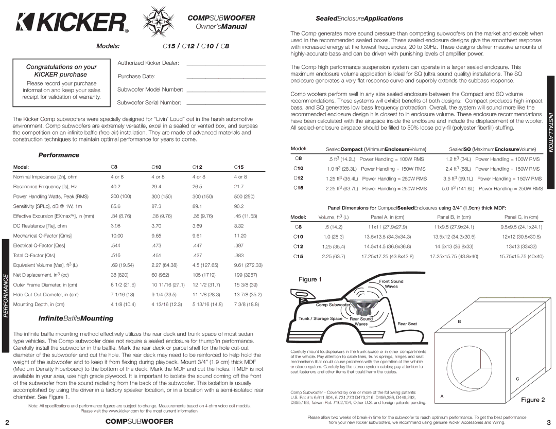 Kicker C15 manual Models, Congratulations on your Kicker purchase, Please record your purchase, Subwoofer Serial Number 