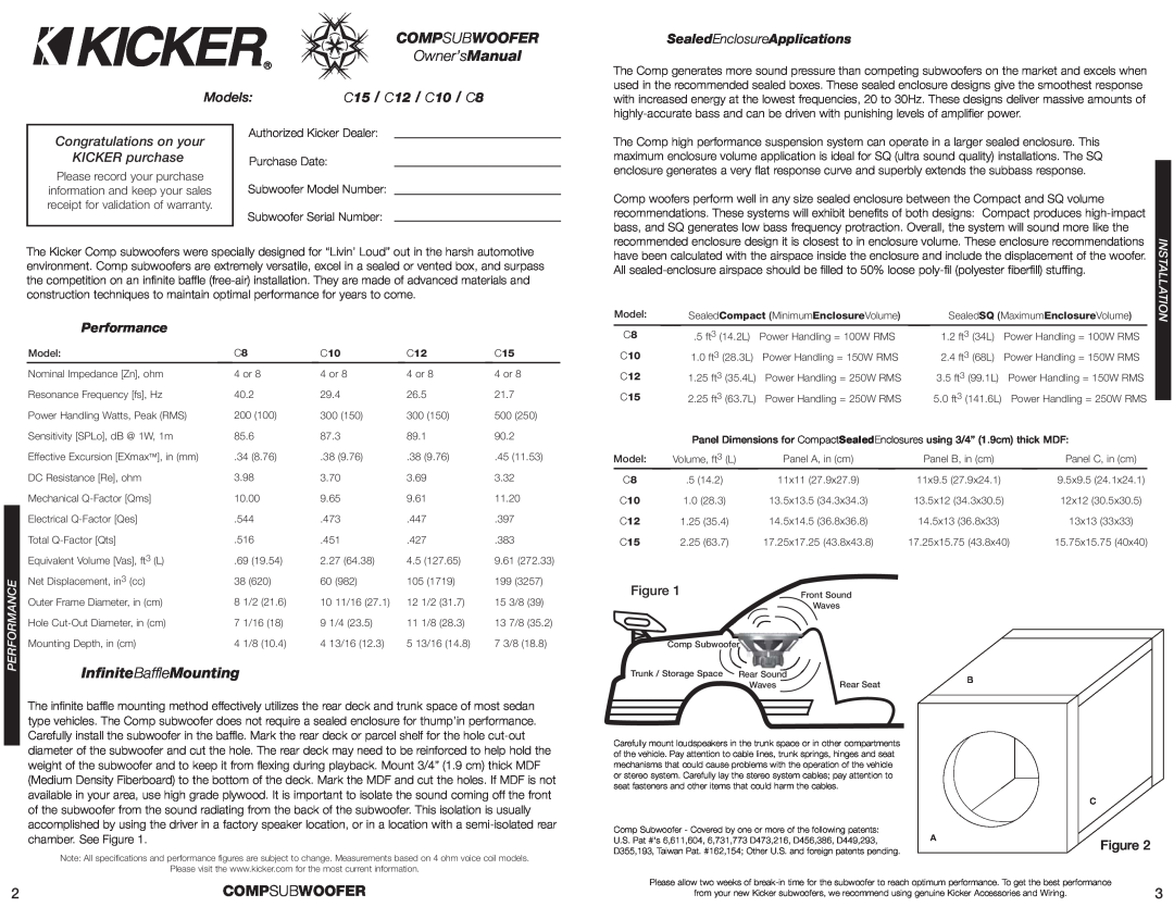 Kicker manual Compsubwoofer, Owner’sManual, InfiniteBaffleMounting, C15 / C12 / C10 / C8, SealedEnclosureApplications 