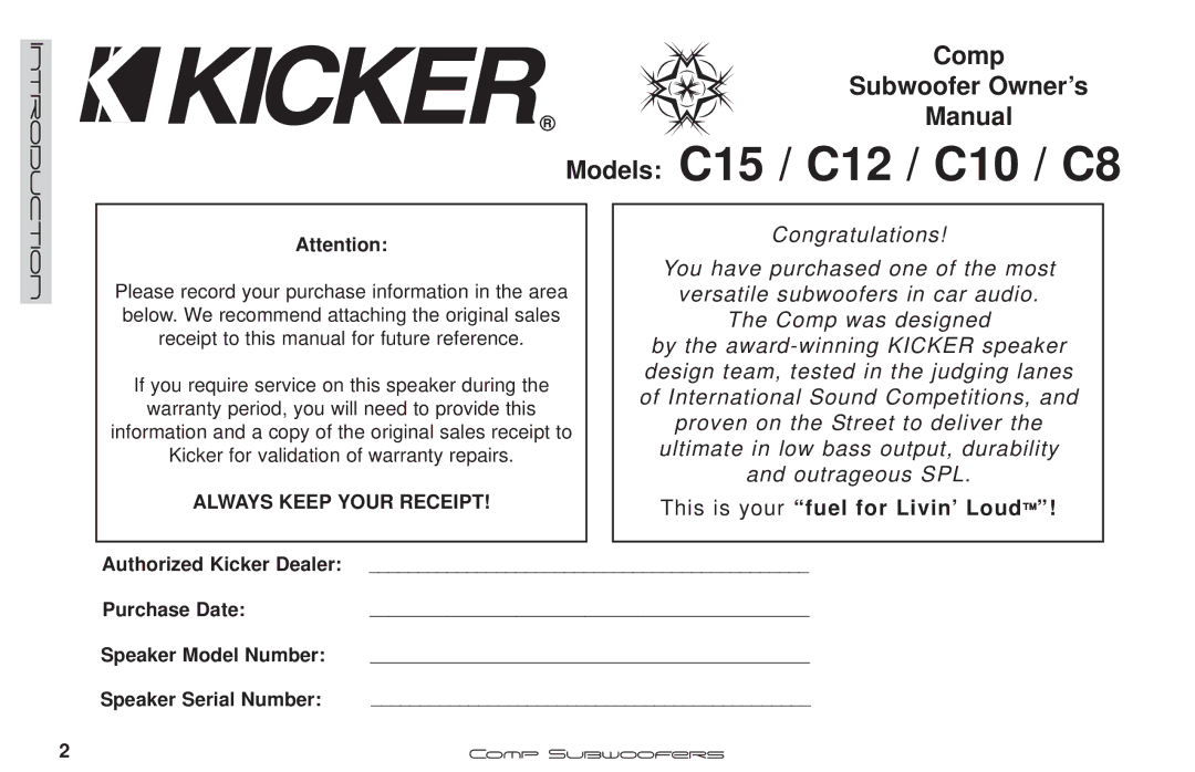 Kicker 10VC124 manual Models C15 / C12 / C10 / C8, This is your fuel for Livin’ Loud 