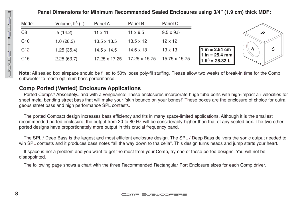 Kicker C8, 10VC124, C10 manual Comp Ported Vented Enclosure Applications 