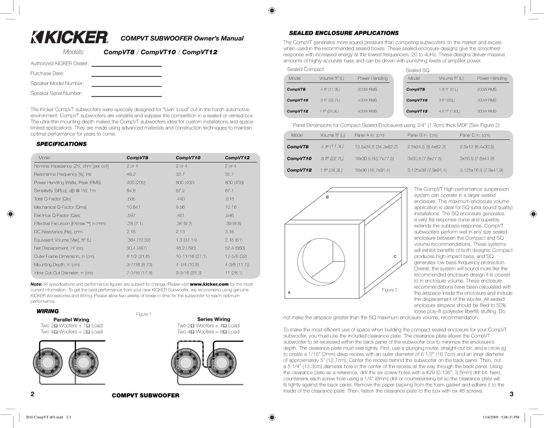 Kicker COMPVT10, COMPVT12, COMPVT8 manual Specifications, Sealed Enclosure Applications, Series Wiring 