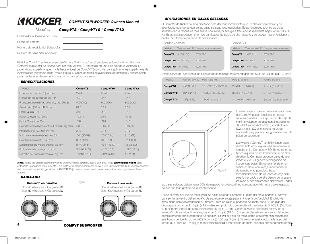 Kicker COMPVT8, COMPVT12 Especificaciones, Aplicaciones EN Cajas Selladas, Cableado en paralelo, Cableado en serie 