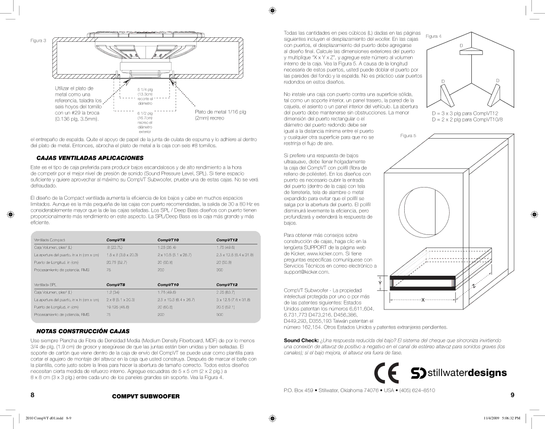 Kicker COMPVT10, COMPVT12 manual Cajas Ventiladas Aplicaciones, Notas Construcción Cajas, Plato de metal 1/16 plg 2mm recreo 