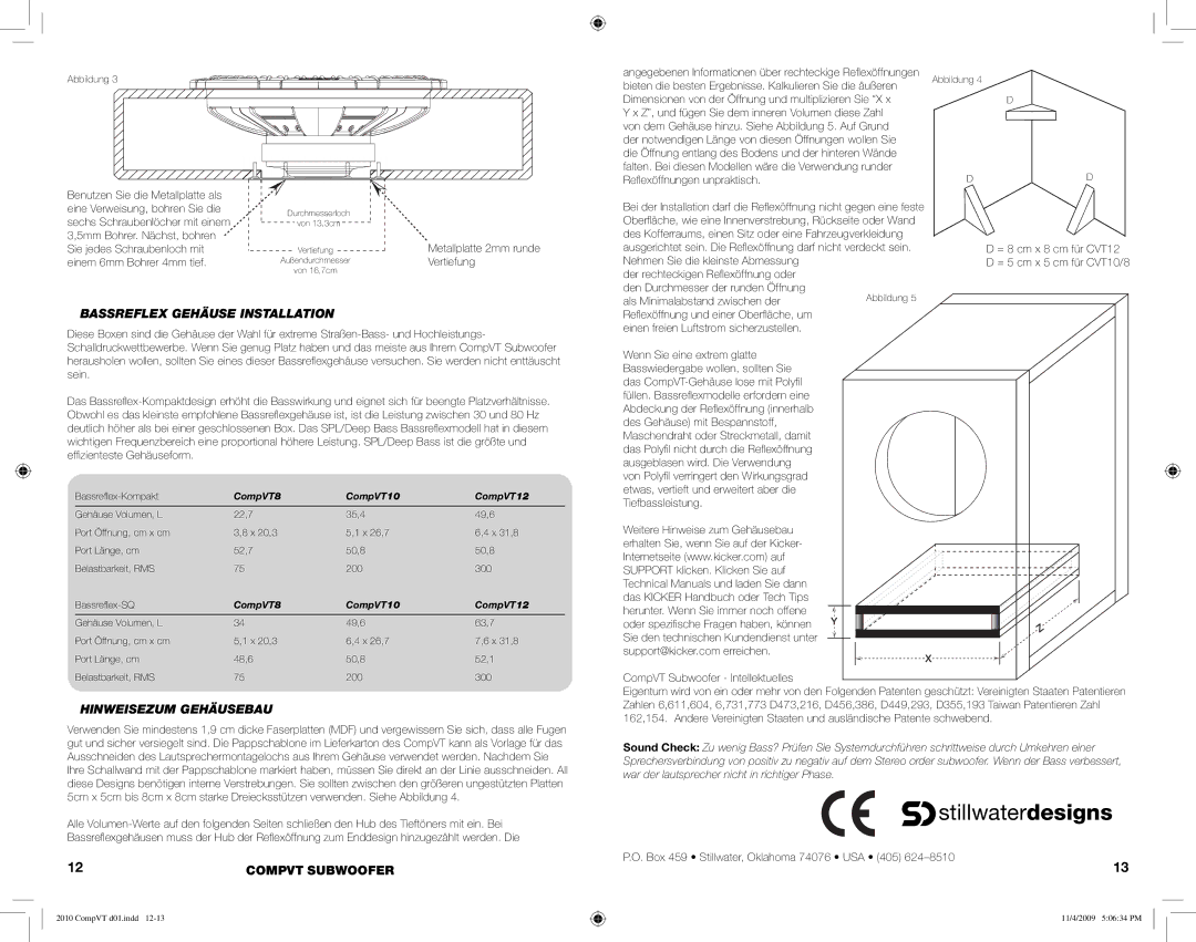 Kicker COMPVT8, COMPVT12 manual Bassreflex Gehäuse Installation, Hinweisezum Gehäusebau, Metallplatte 2mm runde Vertiefung 