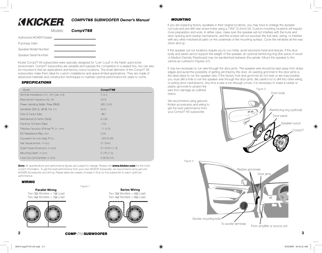 Kicker manual Models CompVT65, Specifications, Mounting, Wiring, 2COMPVT65SUBWOOFER 